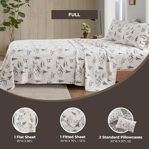Image of Woolrich Cotton Sheet Set Cottage Charms Print, 100% Cotton Flannel Sheets Warm & Fuzzy Bedding Set Full Size Sheets, Fitted Pocket Fits Up to 12 inch Mattress, Full Gray Deer Toile 4 Piece