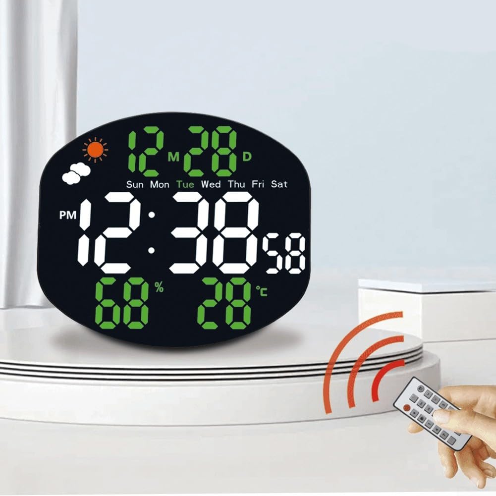 Grande orologio da parete digitale, multifunzione, a LED, stazione meteo digitale con sensore di umidità e temperatura, ampio display, ora, data, calendario, doppio allarme per soggiorno (bianco e