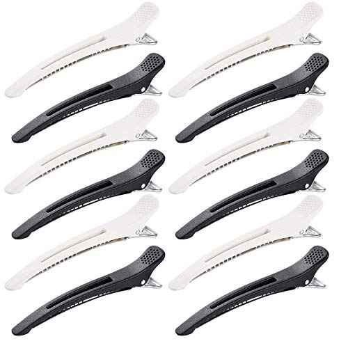 4.5 Inches Duck Bill Hair Clips, 12 Packs Non Slip Alligator Clips with Silicone Band for Hair Styling, Hair Coloring,White & Black No Trace Styling Clips