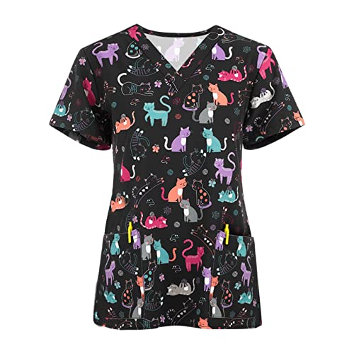 Womens Short Sleeve Tops Floral Relaxed Fit Blouses for Women Vneck Work Scrub Kawaii Fall Summer Shirts 2025 UZ