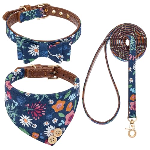 Image of EXPAWLORER Dog Collar and Leash Set - Classic Plaid Dog Bow Tie and Dog Bandana Collar, Dog Leash Tangle Free, Adjustable Collars for Medium Dogs, Holiday Ideal Gift, Flower M