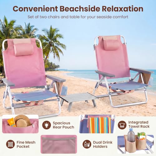 Image of Giantex Folding Beach Chair, Patio Sling Chairs with 5 Adjustable Position, Head Pillow, Storage Bag, Towel Bar, Cup Holders, Backpack Chairs for Sunbathing, Camping Chair