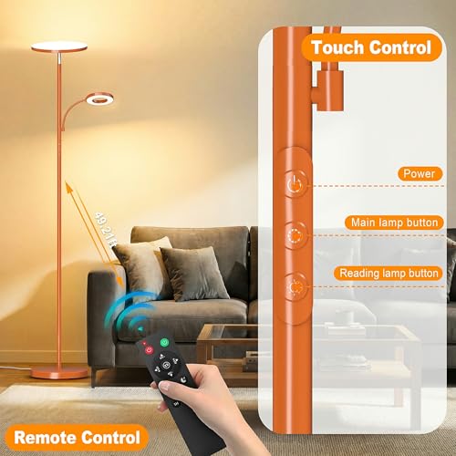 Image of marctronic Orange Floor Lamp, 42W 4000LM Super Bright LED Lamp with Reading Light for Living Room Bedroom Office, Touch Control, Dimmable Standing Lamp with Remote