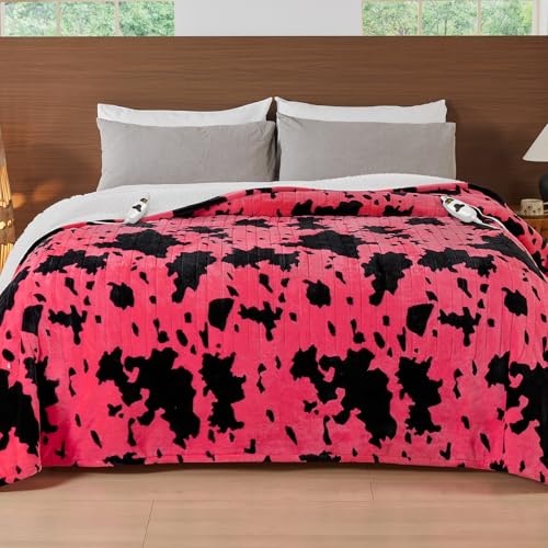 RUJIPO Electric Heated Blanket King Size 90X100 Pink Heating Blanket King with Dual Control&Timer&10 Heat Levels Highland Cow Print Fleece Sherpa Blankets Warmer Gifts for Bed Women Adults