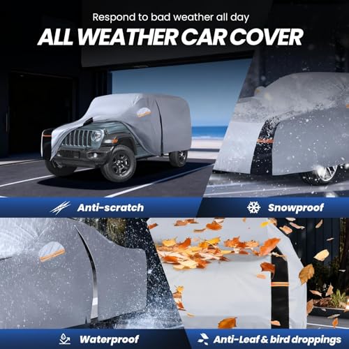 Image of Multi-Layer Car Cover Custom Fit for Jeep wrangler 4 Dr /Unlimited 4 Dr JK JL(1987-2026), 100% Waterproof All Weather for Automobiles, Gift with Towel, Heavy Duty Car Covers for Rain Sun UV Protection.