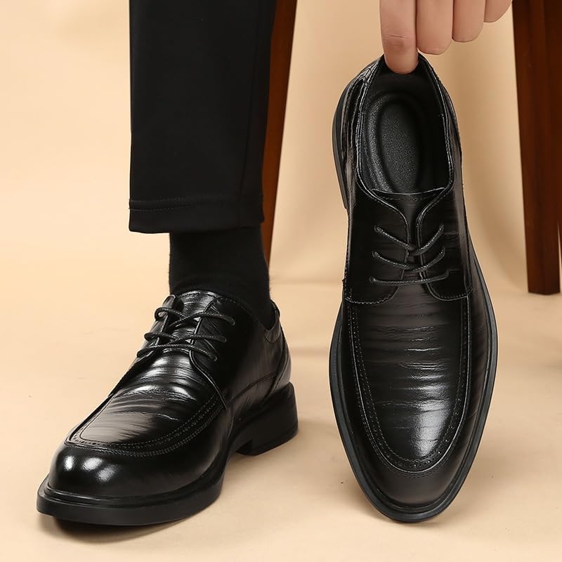 Dress Shoes for Men Lace Up Pointed Toe Vegan Leather Apron Toe Derby Shoes Block Heel Anti-Slip Low Top Prom