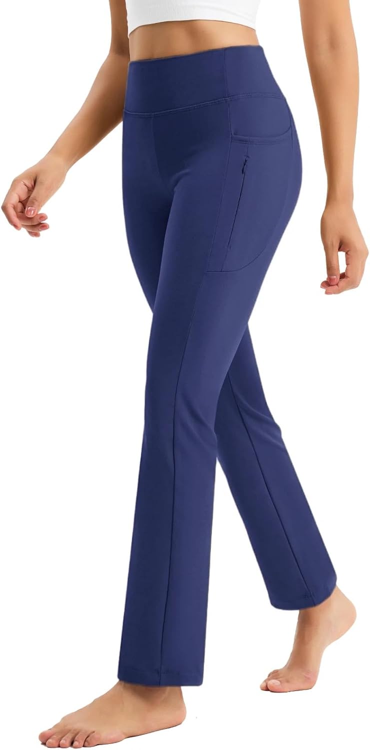 Women's Fleece Lined Pants Straight Leg Yoga Leggings Winter Warm Flare Pants with Pockets Water Resistant