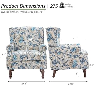Fabric Accent Chair Modern High Wingback Floral Armchair with Nailhead Trim and Wood Legs Comfy Upholstered Reading Single Sofa Chair for Living Room Bedroom Floral Boho Blue Set of 2