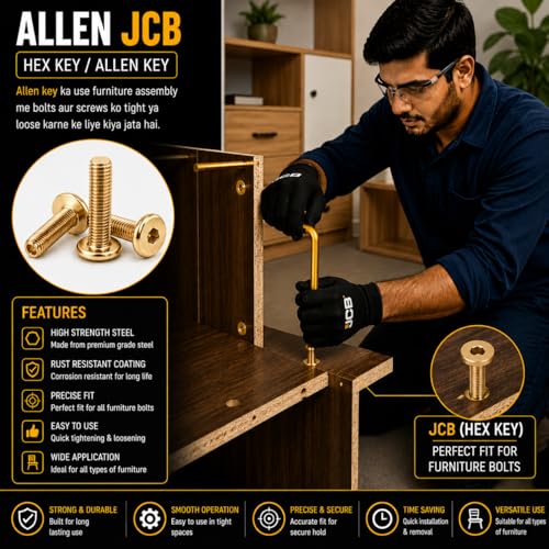 Image of By inchVP INDUSTRIES inch (Pcs-25) M6x10 mm Allen JCB Flat Head Screw Brass Gold Plated High Tensile | Allen key Head Screw for Modular Furniture, Wooden Work, Electrical Fittings, DIY & Industrial Use
