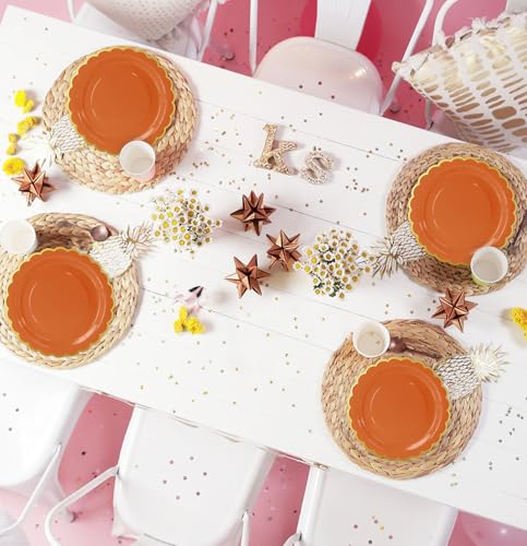 Image of HEIPINIUYE 50 Pieces Orange Paper Plates with Gold Foil 7 Inch Disposable Orange Scalloped Dinner Plates for Wedding Baby Shower Birthday Thanksgiving Party Dessert Plate