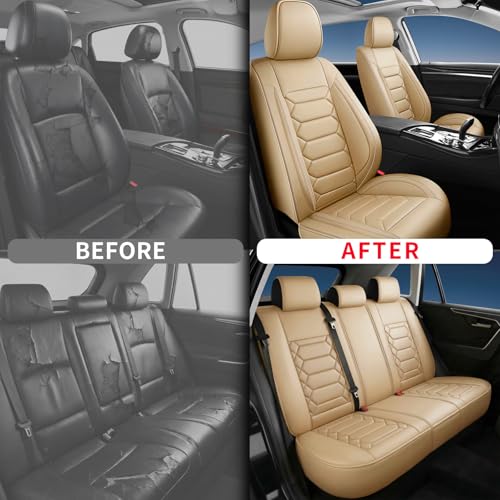 Image of Fit Sierra Car Seat Covers (5 Seats Full Set) Compatible with GMC Sierra 1500 /2500 /3500 2000-2026-Full Coverage Breathable Leather, Airbag Compatible, Waterproof & All-Weather,Beige