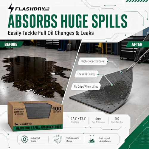 Image of FLASHDRY Universal Heavy Duty Spill Absorbent Pads, Chemical & Oil Absorbing Pads 100 Pack - 300GSM /4mm for Garage, Workshop, Automotive, and Industrial Use - 17.5 inchx13.5 inch Perforated, Dispenser Box