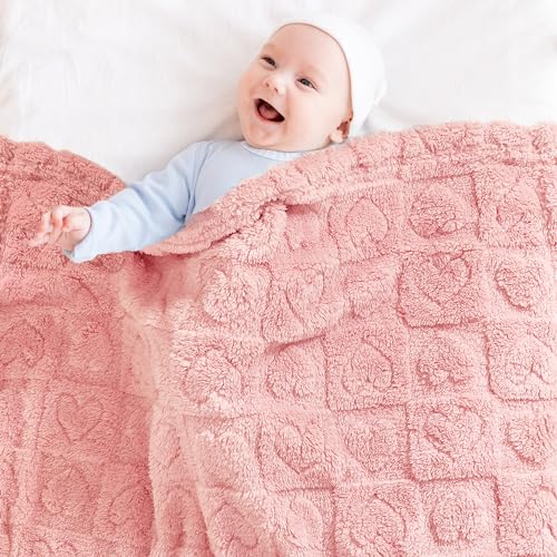 Image of Yurhap Heart Baby Blanket, Love Plush Fleece Baby Blankets for Girls Boys | Soft Sherpa Baby Girl Blanket for Infant Toddler Newborn Gifts, Fluffy Baby Essentials, For Crib Stroller, 30 inchx40 inch, Dark Pink