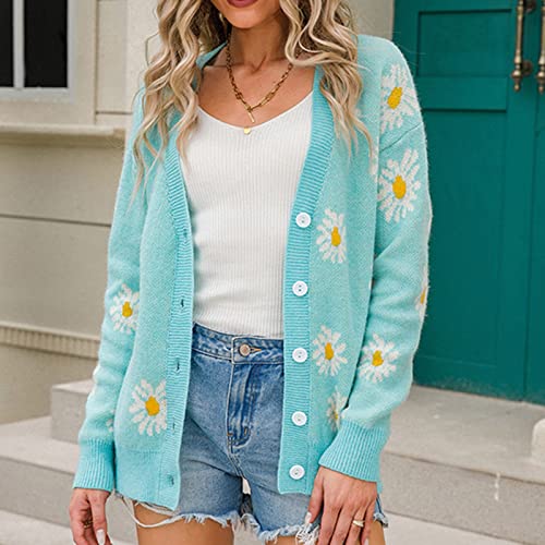 Women Y2K Floral Print Knit Cardigan Sweater Teen Girls Cute Daisy Print Y2K Top Long Sleeve V Neck Vintage Outerwear3