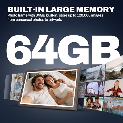Image of 27 inch Large Digital Picture Frame, 64GB, Anti-Glare Non-Touch, WiFi Wall-Mount Frame for Home /Business, 1920x1080 FHD, Share via App, Email, USB & Micro SD, Remote Included, Black, Dark Wood