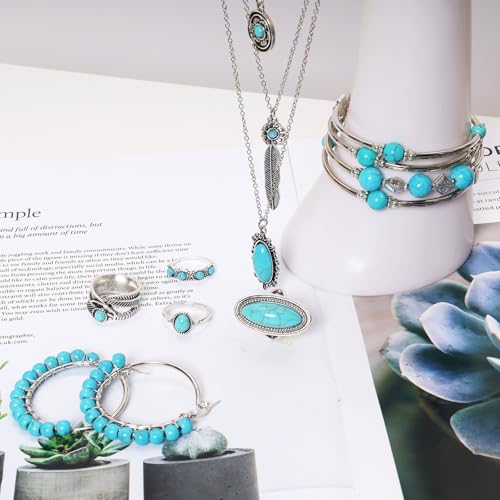 Fumwase 7PCS Bohemian Turquoise Jewelry Set Turquoise Necklace Earrings Rings Western Layered Bracelets Western Jewelry for Women (Elegance)4