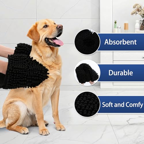 Image of OLANLY Chenille Dog Bath Towel 31x13, Ultra Absorbent Quick Dry Pet Towel, Extra Soft Washable Plush Towel for Large Dogs & Puppies, Indoor Outdoor Use, Black