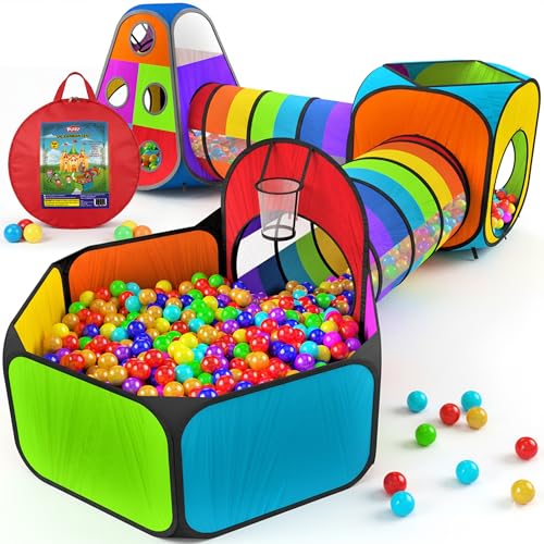 Playz 5pc Kids' Play Tents & Tunnels - Ball Pit for Toddlers, Basketball Hoop, Crawling Tubes, Pop-Up Playhouses, Baby Obstacle Course for Indoor or Outdoor Use
