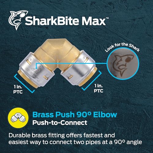 Image of SharkBite Max 1 x 1 in PTC 90-Degree Elbow, Push-to-Connect Brass Plumbing Fitting, UR260A