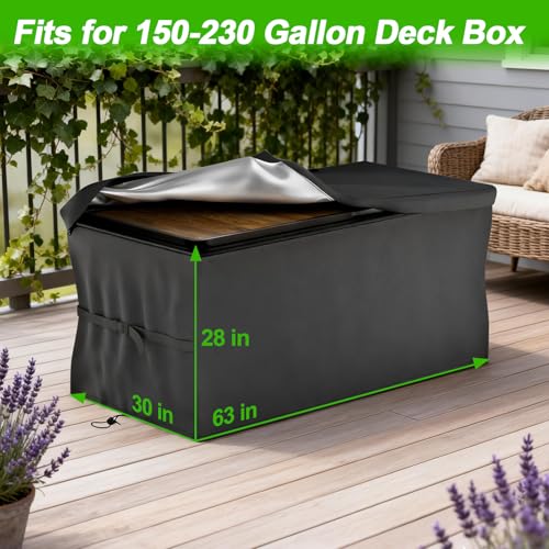 EVRBUL Upgraded Deck Box Cover - Easy to Open and Close, Heavy Duty 420D Outdoor Storage Bench Cover with Windproof Buckles and Drawstrings, Compatible with 150-230 Gallon Deck Box, 63× 30× 28 Inch