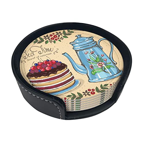 Famame 6 Stück Leder-Untersetzer für Getränke mit Halter, Vintage-Stil, Tee-Time, Beerenkuchen, Teekanne, Untersetzer-Set, Getränketisch, Tassen-Untersetzer für Wohnzimmer, Küche, Kaffee-Dekor