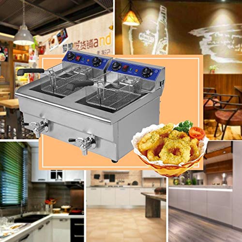 Electric Deep Fryer Double Container Temperature and Timer Control Fryer for Chicken, Shrimp, French Fries 26L/3.3KW