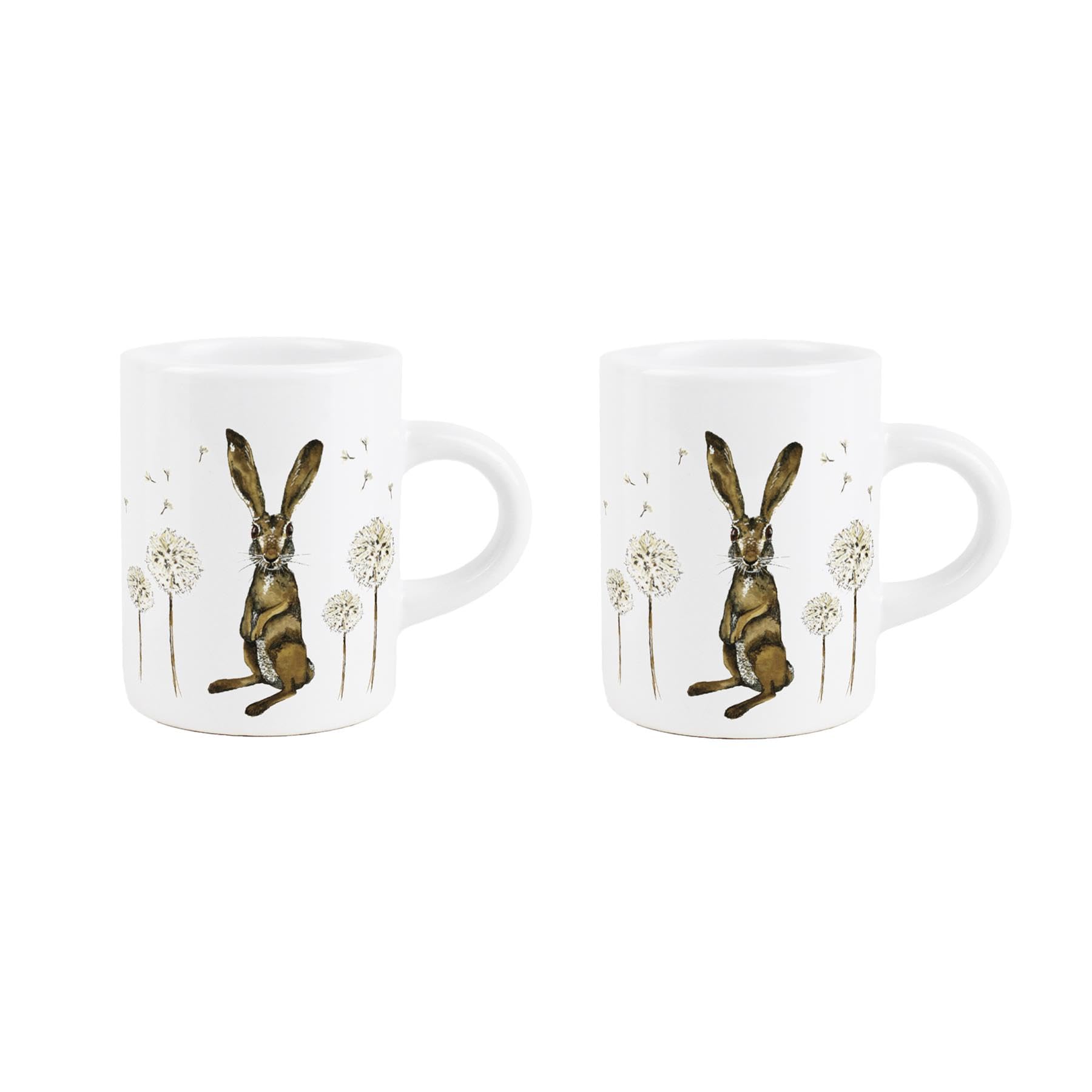 Purely Home Hares & Dandelions Espresso Cups - Wildlife Nature Animal Gift - Small Mini White Ceramic Coffee Shot Mugs Set of 2