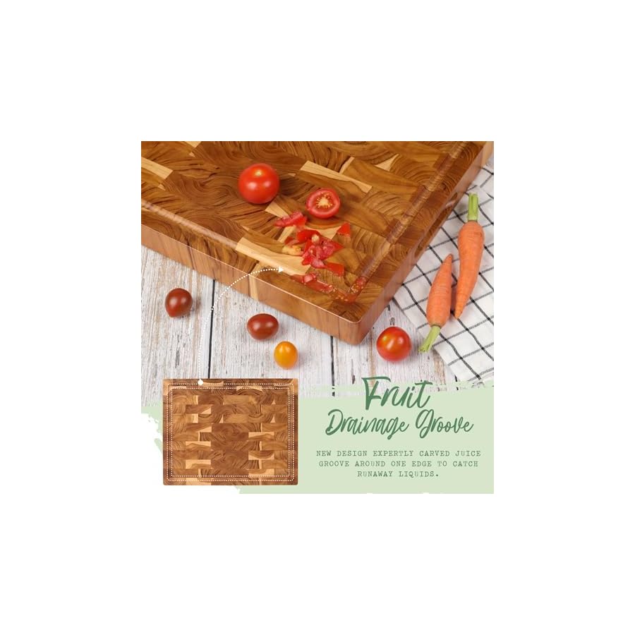 Teak Wooden Cutting Board (17x13x1.5in) End Grain Cutting Board, Butcher Block, Chopping Board - Reversible Multipurpose For Kitchen with Juice Groove & Inner Handles with Gift Box Included