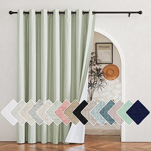 Image of NICETOWN Sage Green Living Room Completely Shaded Linen Sliding Door Curtain, Privacy Protection & Noise Reducing Wall Curtain, White Lined Insulated Window Treatment Panel(1 Piece, W100 x L84)