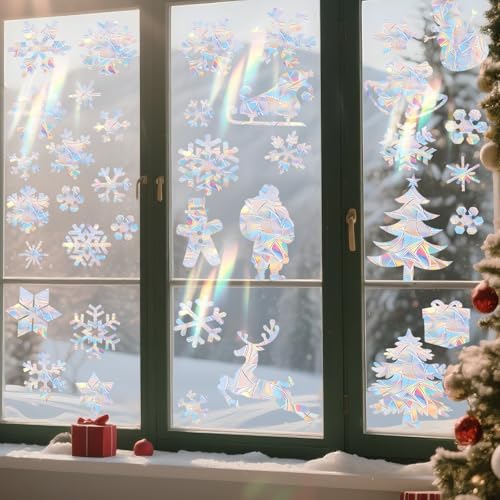 Image of 63 PCS Christmas Snowflake Window Clings - Holographic Rainbow Effect Christmas Window Decals, Double-Sided Reusable Static Stickers for Glass Windows, Mirrors & Holiday Decorations (No Glue Needed)