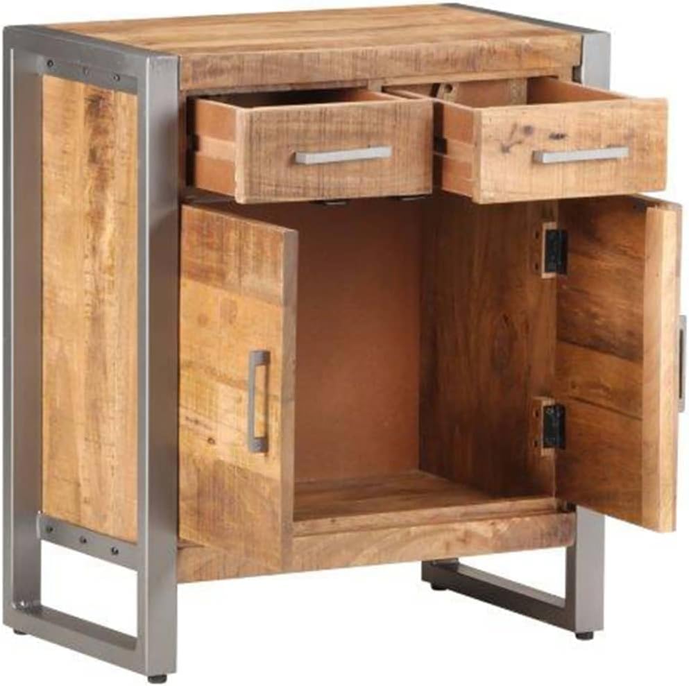 Industrial Style Sideboard with Grey Finish, Solid Mango Wood and Iron Construction, 2 Drawers and 2 Doors for Ample Storage, Modern Living Room Furniture, Durable
