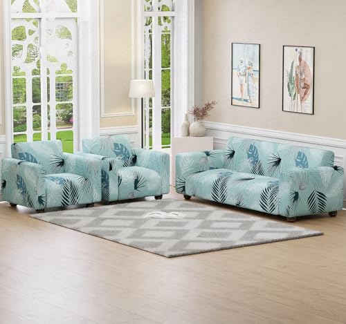Image of Lukzer 5 Seater Sofa Cover - Light Blue | Universal Sofa Cover 3+1+1 Seater | 360 Fully Covered Anti-Slip Washable Couch Cover Protecter | 140 GSM Stretch Fit Polyester + Spandex Slipcover SC-008-05