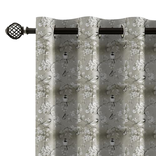 Image of LINENWALAS Printed Blackout Curtains for 8 Feet Door | Set of 2 | Charming Bird & Floral Drapes | Thermal Insulated, Room Darkening Panels with Grommet Hanging for Living Room (Taupe Blossom)