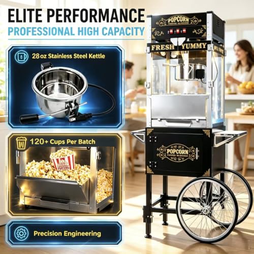 Image of 28 OZ Commercial Popcorn Machine with Cart - Stainless Steel Kettle Popper with Wheels, Warming Deck & Tempered Glass, for Business, School, Corporate, Theater, Home Use, Black