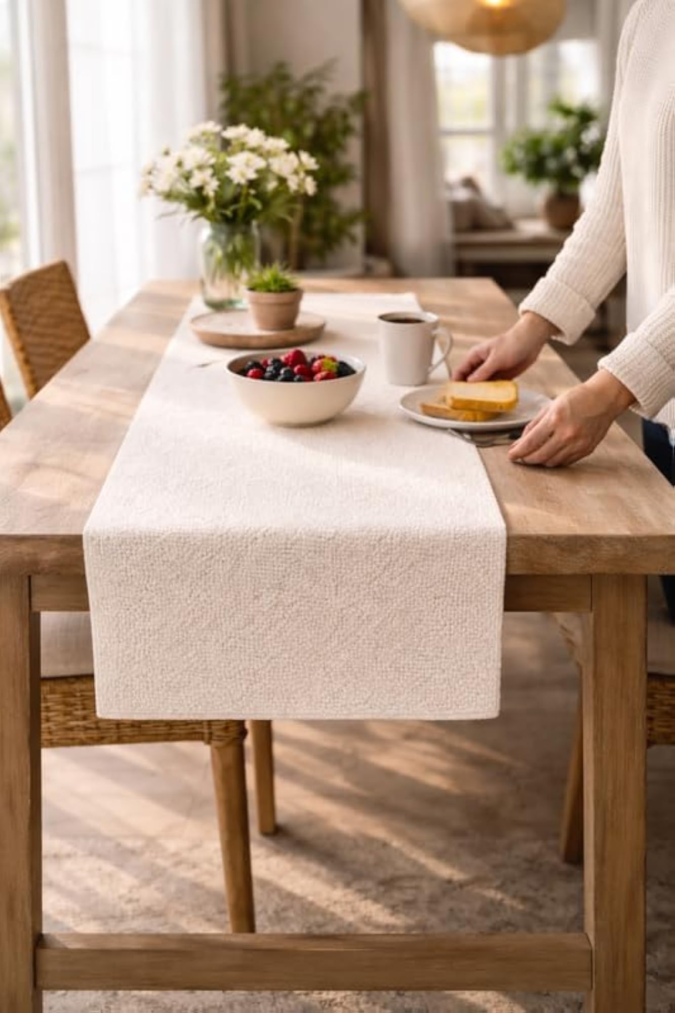 White Boucle Table Runner, 14x132 Inch