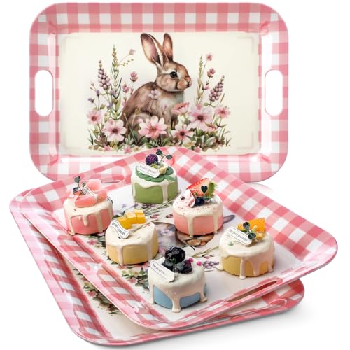 Tiangrid 3 Pack Easter Serving Trays and Platters 16 x 11 Inch Easter Bunny Plates Large Serving Platter Decoration for Food Dishes Charcuterie Board Rectangular Decor Tray Party Supplies(Pink)