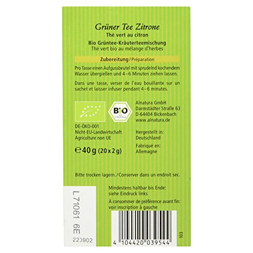 Alnatura Bio Grüner Tee Zitrone, 20 Beutel, 40g