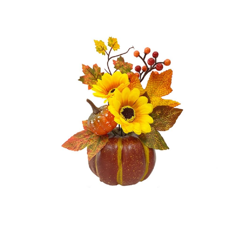 Ansuma Thanksgiving Artificial Pumpkin Ornament, 9 Inch Fall Maple Leaf Sunflowers Harvest Centerpieces for Halloween Thanksgiving Floral Arrangement for Porch Tabletop Decorations (Sunflower)