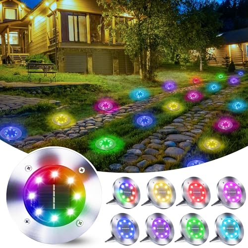 Qedertek 8 Pack Luz Solar Exterior Jardin 8 LED Luces Solares de Tierra, Lampara Solare Exterior IP65 Impermeable RGB Luces Solares para Césped, Patio, Camino, Escalón, Entrada de Garaje