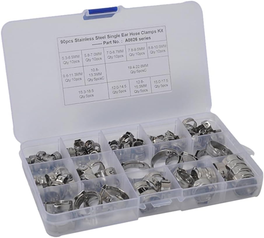 90Pcs Stainless Steel Single Ear Hose Clamp Assortment for Small Hoses | 12 Sizes, Adjustable Rounded Band Design, Industrial Applications in Confined Spaces, Helps Prevent Hose Damage