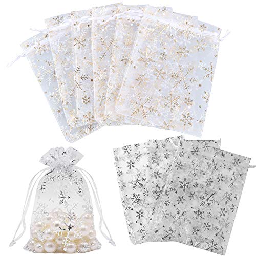 200pcs Christmas Organza Favor Bags Snowflake with Silver Print White and Gold Jewelry Candy Gift Bags Samples Display Drawstring Pouches