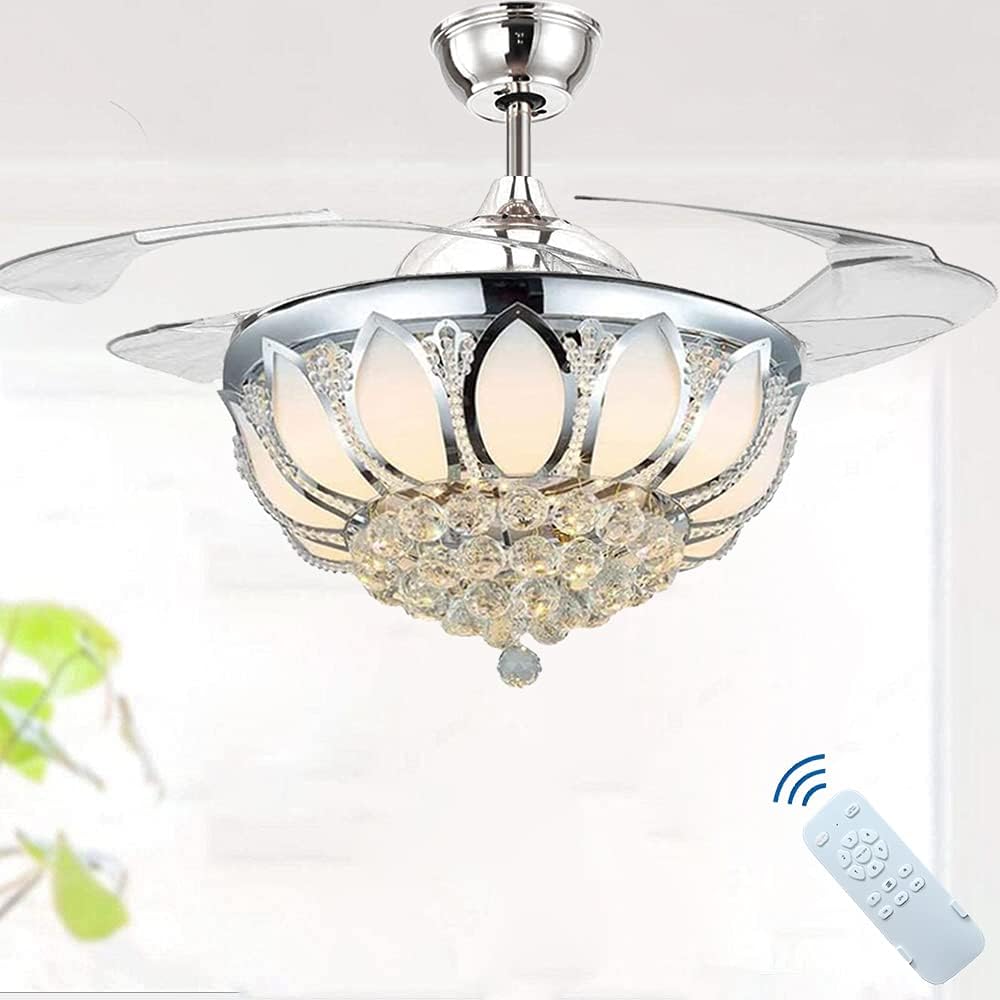 Luxury Modern Crystal Chandelier Ceiling Fan Lamp Folding Ceiling Fans With Lights Chrome Ceiling Fan With Light Dining Room Decorative with Remote Control (Support Dimming)