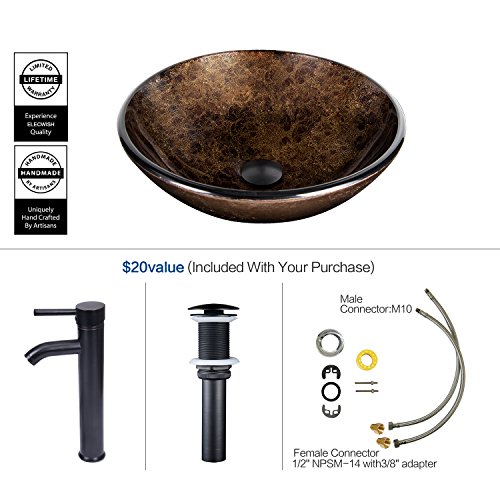 ELECWISH Bathroom Vessel Sink with Faucet Mounting Ring and Pop Up Drain 16.5 Inch Tempered Glass Basin (Brown)