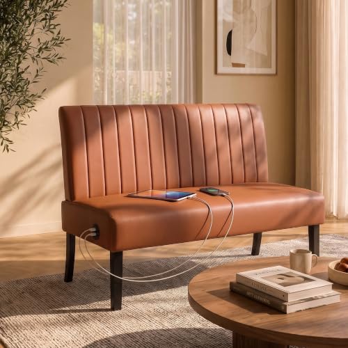 Image of Armless Accent Chair Loveseat, Small Sofa, Brown Faux Leather, Modern
