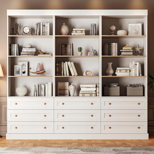 ivaniti 71' Tall Farmhouse Bookshelves, Large Bookcase with Adjustable Shelves, 3 Drawers Wooden Storage Cabinet for Living Room, Kitchen, Home Office, Dining Room, White 3 PCS