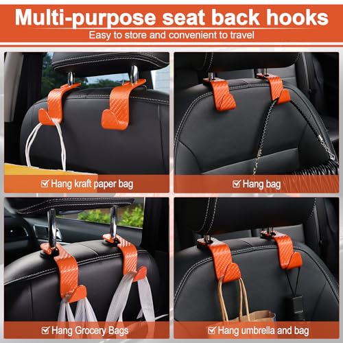 Image of LivTee Car Purse Hook, 4 Pack Universal Auto Seat Headrest Hook Hangers Organizer for Coats, Umbrellas, Groceries - Carbon Fiber Orange
