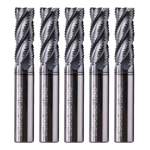 Image of 4 Flute Solid Carbide Roughing End Mills(5Pcs, 3 /8 inch), ALCrSiN Nano Coated | 35 Helix, 3 /8 inch Cutting Dia, 3 /8 inch Shank Dia, 1 inch LOC, 2-1 /2 inch OAL, for Milling Alloy Steel, Carbon Steel, Cast Iron