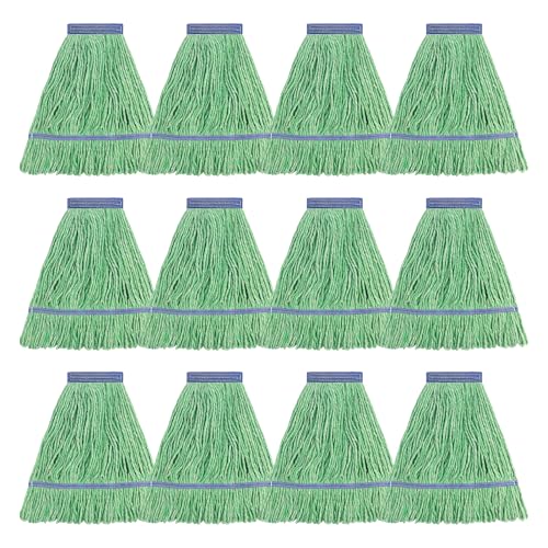Image of Matthew Cleaning Heavy Duty Mop Head Commercial Replacement for General and Floor Cleaning , Wet Industrial Blue Cotton Looped End String Head Refill (Pack of 12) Green