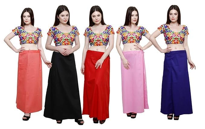 Image of Vlazom Women's Cotton Saree Petticoat - Pack of 5 Inskirts | Soft & Breathable Underskirts | Adjustable Drawstring Waist | Multicolor for Daily & Occasion Wear