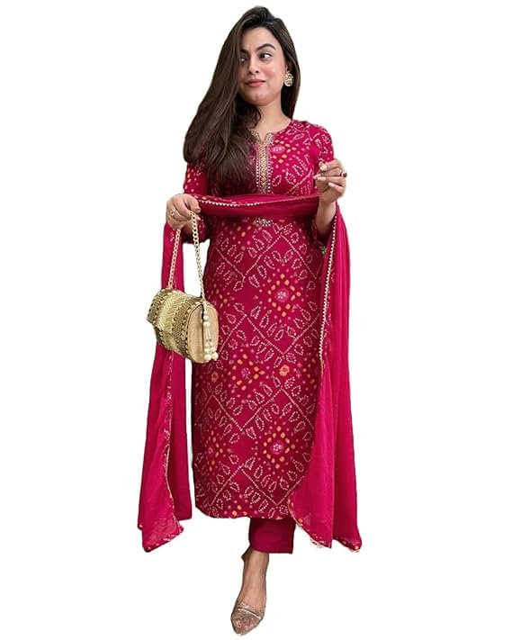 anni designer Women's Rayon Blend Straight Bandhej Printed Kurta with Pant & Dupatta-picture-33